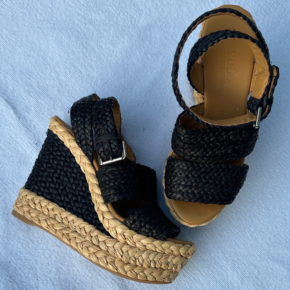 Polo by Ralph Lauren Black and Tan raffia wicker Wedge platform Sandals 37.5